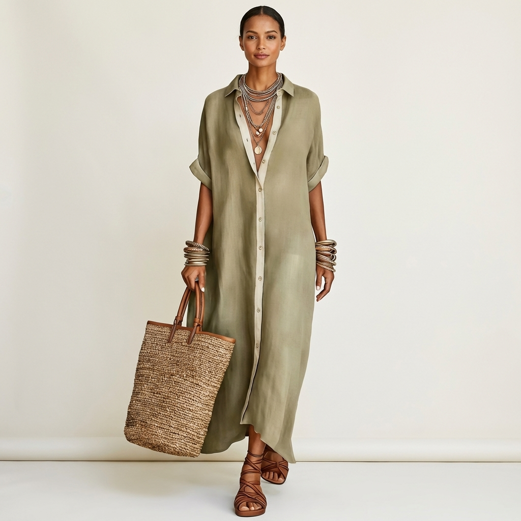 Kamira | Contrast-Collar Button-Front Short-Sleeve Maxi Shirt Dress – Beige | The Bellemont Sisters Australia