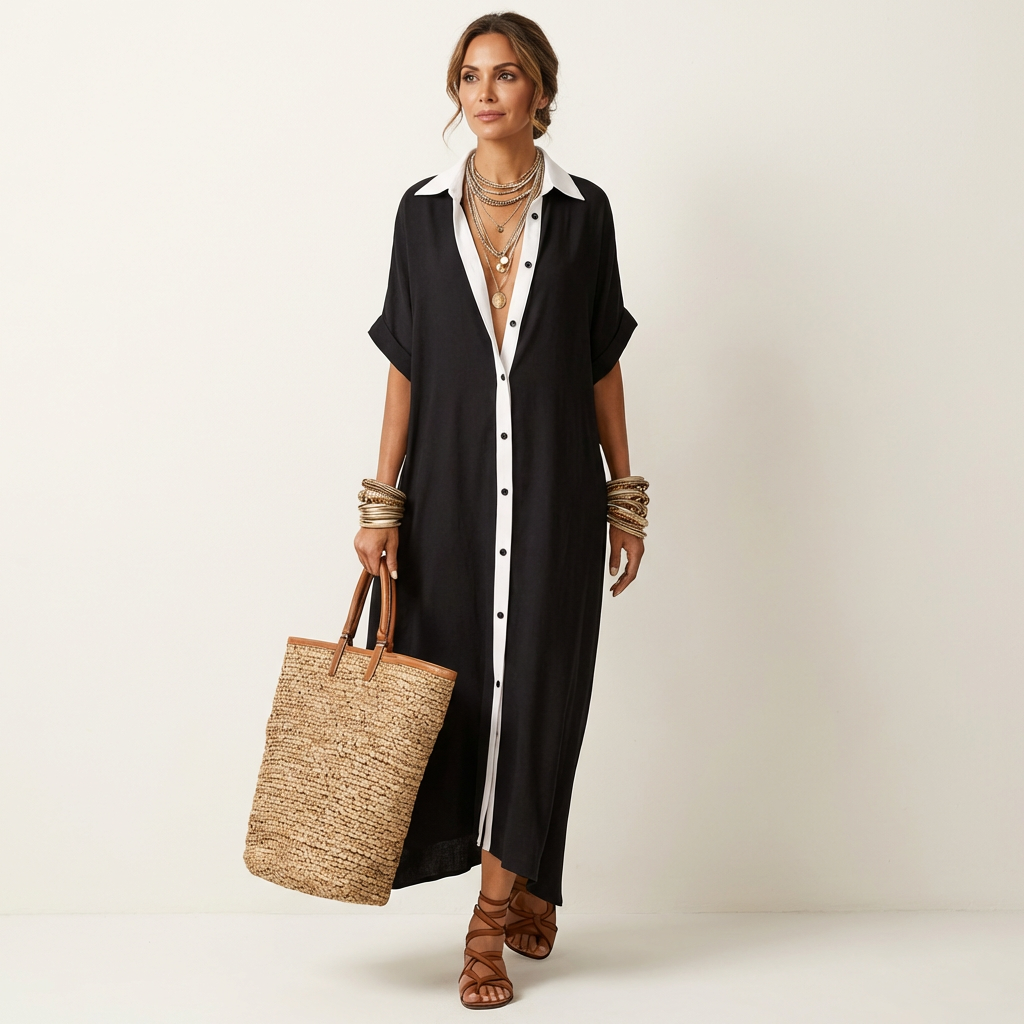 Kamira | Contrast-Collar Button-Front Short-Sleeve Maxi Shirt Dress – Black | The Bellemont Sisters Australia