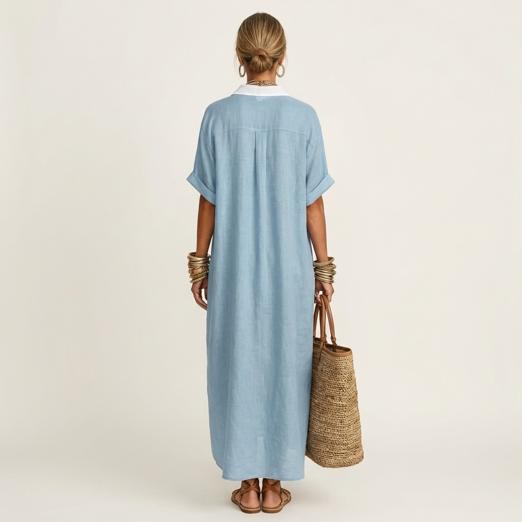 Kamira | Contrast-Collar Button-Front Short-Sleeve Maxi Shirt Dress | The Bellemont Sisters Australia
