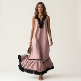 Mayline | Sleeveless Ruffle-Neck Contrast-Trim Maxi Dress – Pink | The Bellemont Sisters Australia
