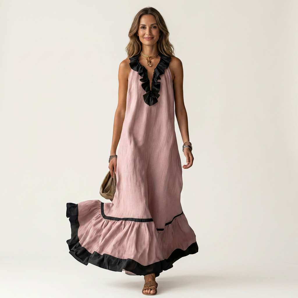 Mayline | Sleeveless Ruffle-Neck Contrast-Trim Maxi Dress – Pink | The Bellemont Sisters Australia