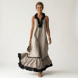 Mayline | Sleeveless Ruffle-Neck Contrast-Trim Maxi Dress – Beige | The Bellemont Sisters Australia