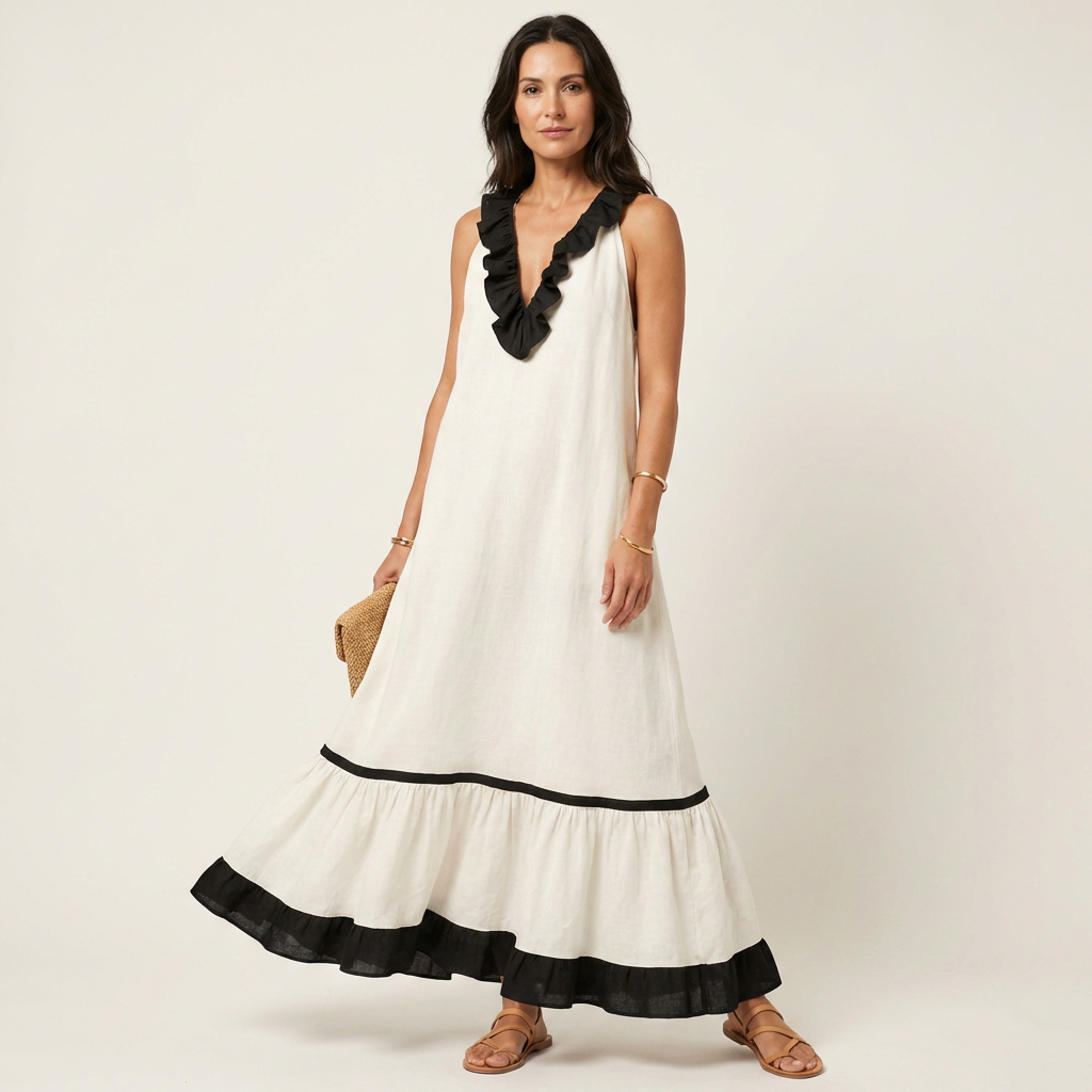 Mayline | Sleeveless Ruffle-Neck Contrast-Trim Maxi Dress – White | The Bellemont Sisters Australia