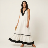 Mayline | Sleeveless Ruffle-Neck Contrast-Trim Maxi Dress – White | The Bellemont Sisters Australia