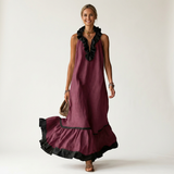 Mayline | Sleeveless Ruffle-Neck Contrast-Trim Maxi Dress – Burgundy | The Bellemont Sisters Australia
