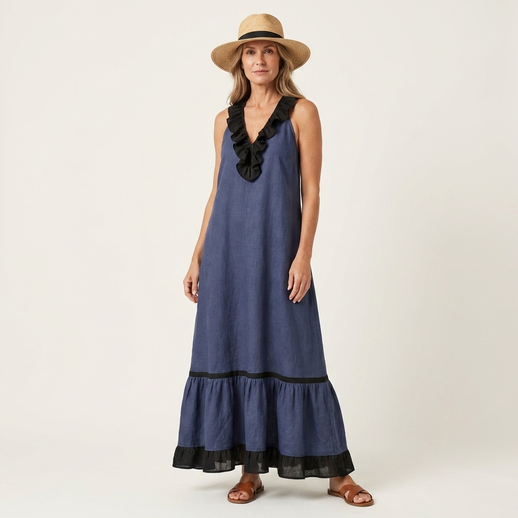 Mayline | Sleeveless Ruffle-Neck Contrast-Trim Maxi Dress – Blue | The Bellemont Sisters Australia