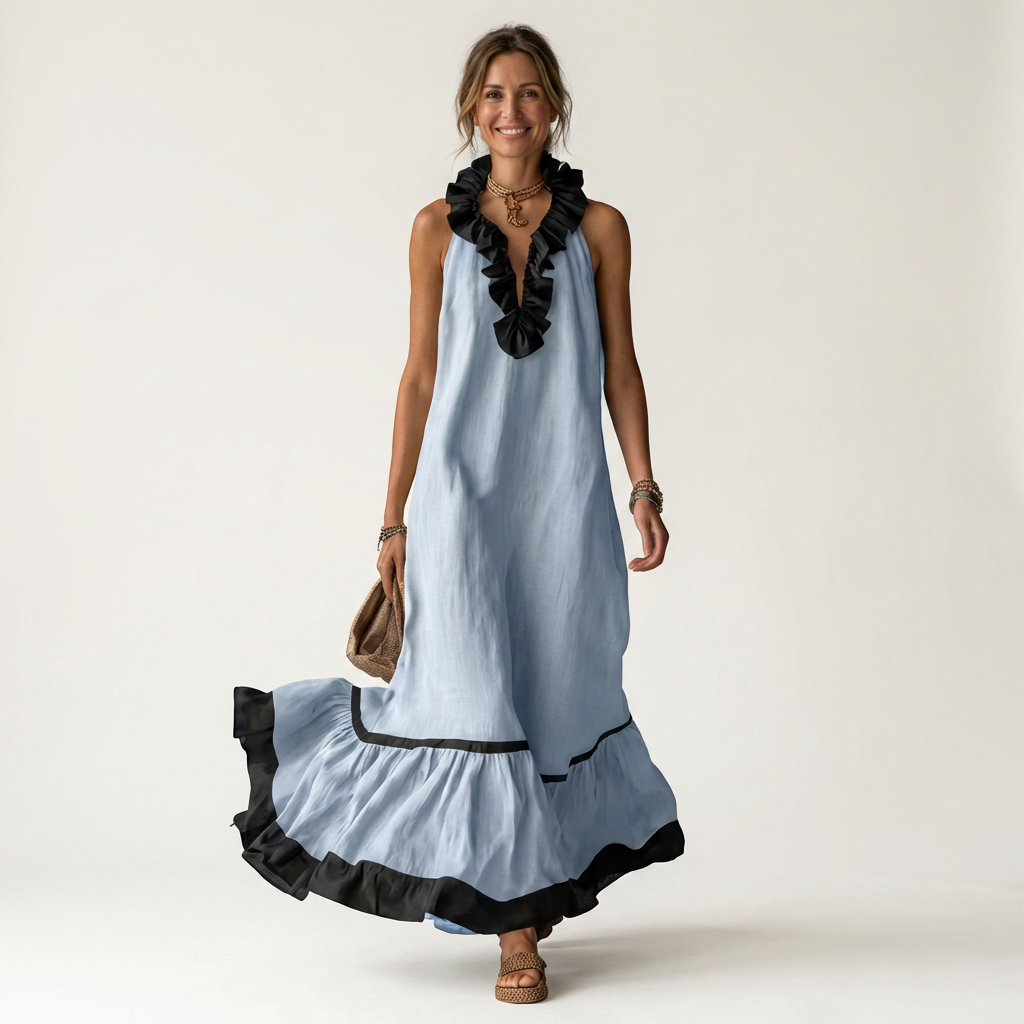Mayline | Sleeveless Ruffle-Neck Contrast-Trim Maxi Dress – Sky Blue | The Bellemont Sisters Australia