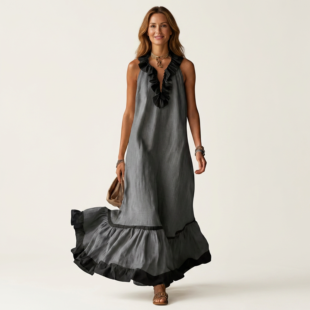 Mayline | Sleeveless Ruffle-Neck Contrast-Trim Maxi Dress – Dark Gray | The Bellemont Sisters Australia