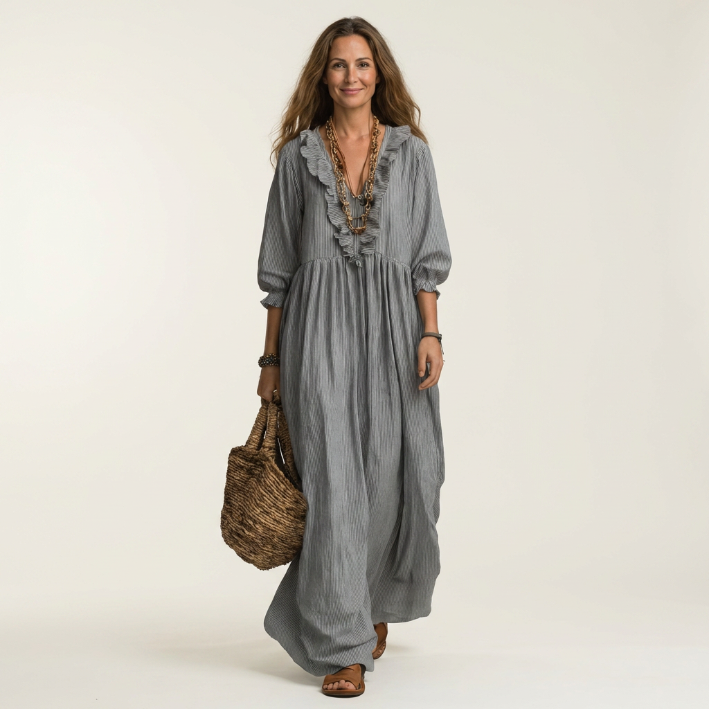 Yosetta | Ruffle V-Neck Striped Lantern-Sleeve Maxi Dress – Gray | The Bellemont Sisters Australia