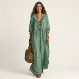 Yosetta | Ruffle V-Neck Striped Lantern-Sleeve Maxi Dress – Green | The Bellemont Sisters Australia
