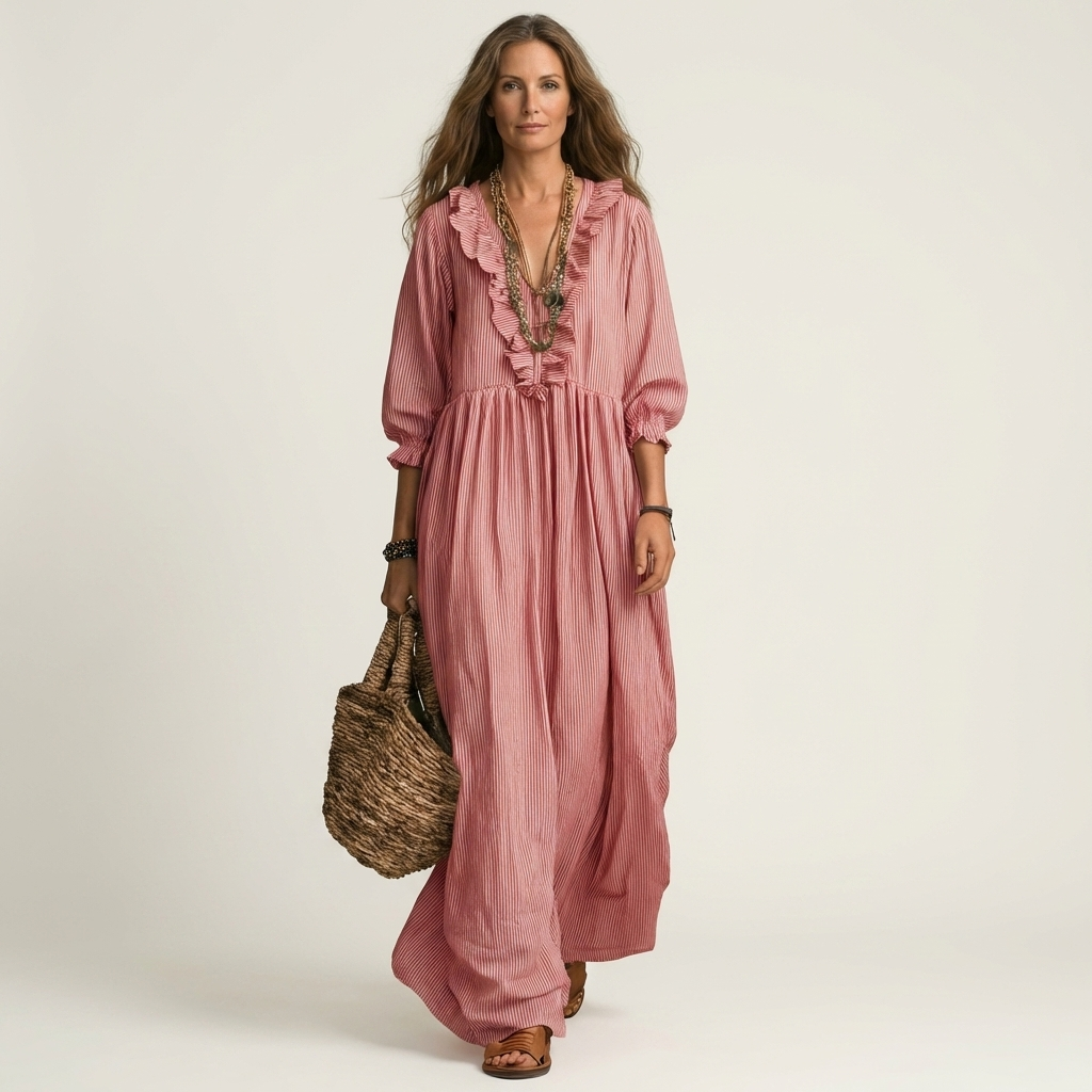 Yosetta | Ruffle V-Neck Striped Lantern-Sleeve Maxi Dress – Pink | The Bellemont Sisters Australia