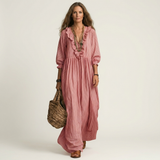 Yosetta | Ruffle V-Neck Striped Lantern-Sleeve Maxi Dress – Pink | The Bellemont Sisters Australia