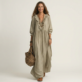 Yosetta | Ruffle V-Neck Striped Lantern-Sleeve Maxi Dress – Khaki | The Bellemont Sisters Australia