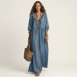 Yosetta | Ruffle V-Neck Striped Lantern-Sleeve Maxi Dress – Blue | The Bellemont Sisters Australia