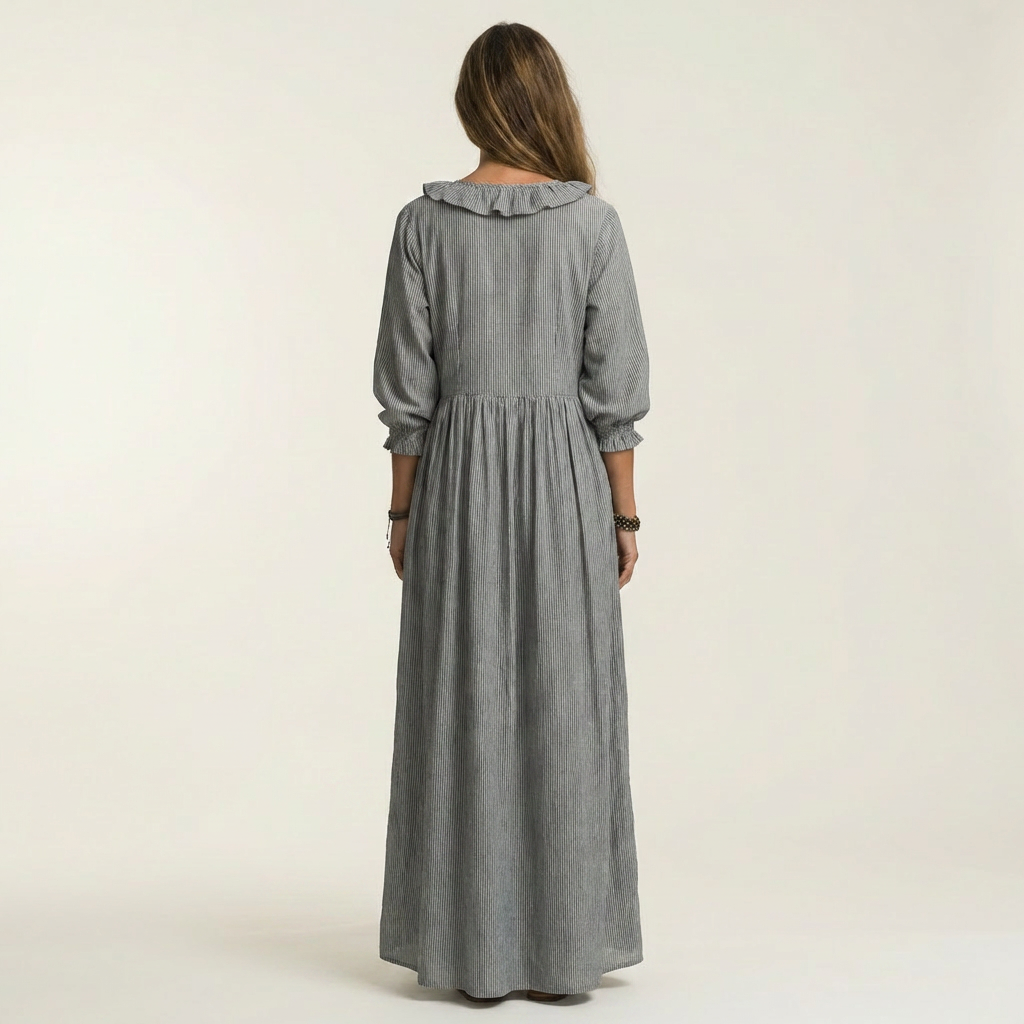Yosetta | Ruffle V-Neck Striped Lantern-Sleeve Maxi Dress | The Bellemont Sisters Australia