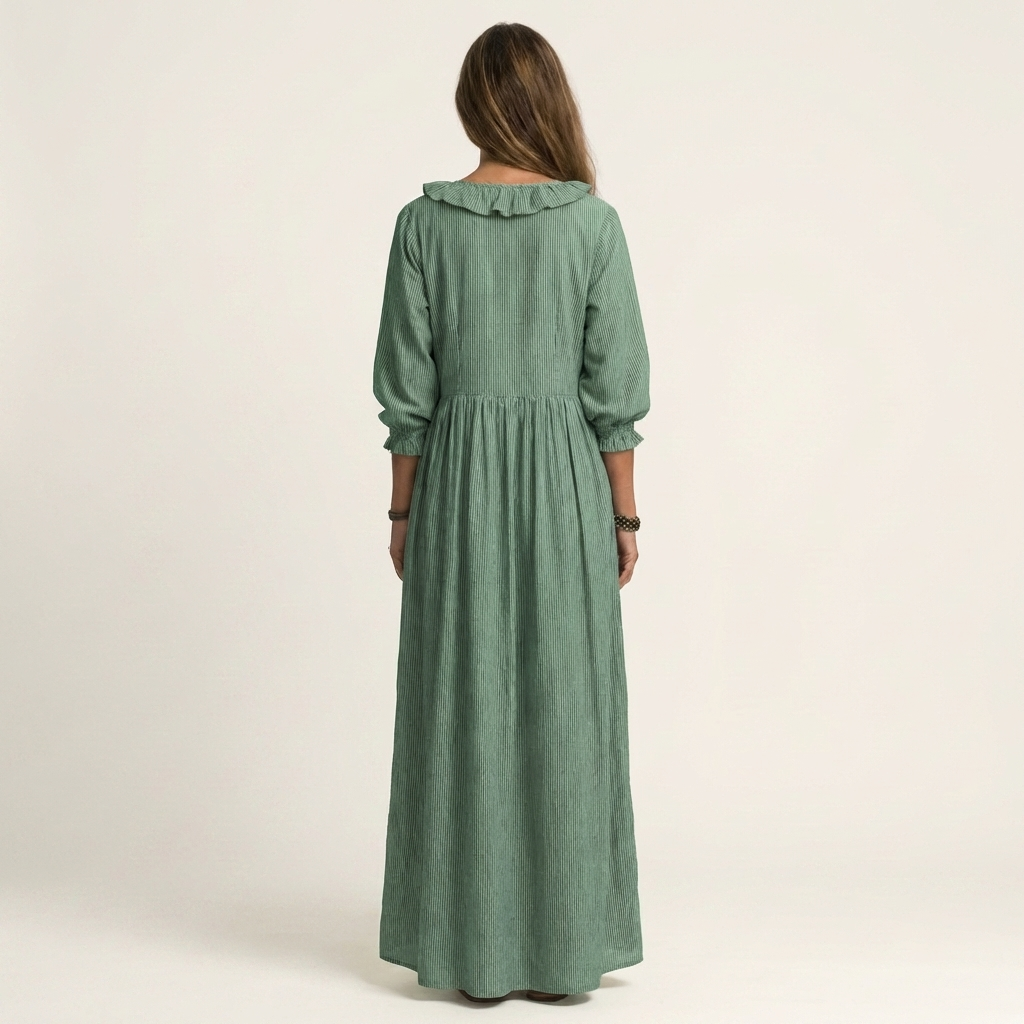 Yosetta | Ruffle V-Neck Striped Lantern-Sleeve Maxi Dress | The Bellemont Sisters Australia