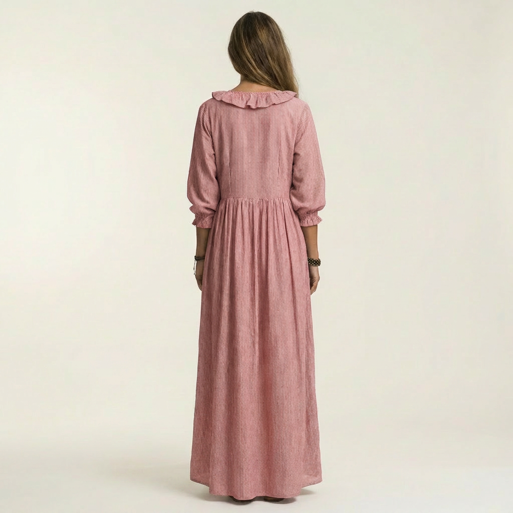 Yosetta | Ruffle V-Neck Striped Lantern-Sleeve Maxi Dress | The Bellemont Sisters Australia