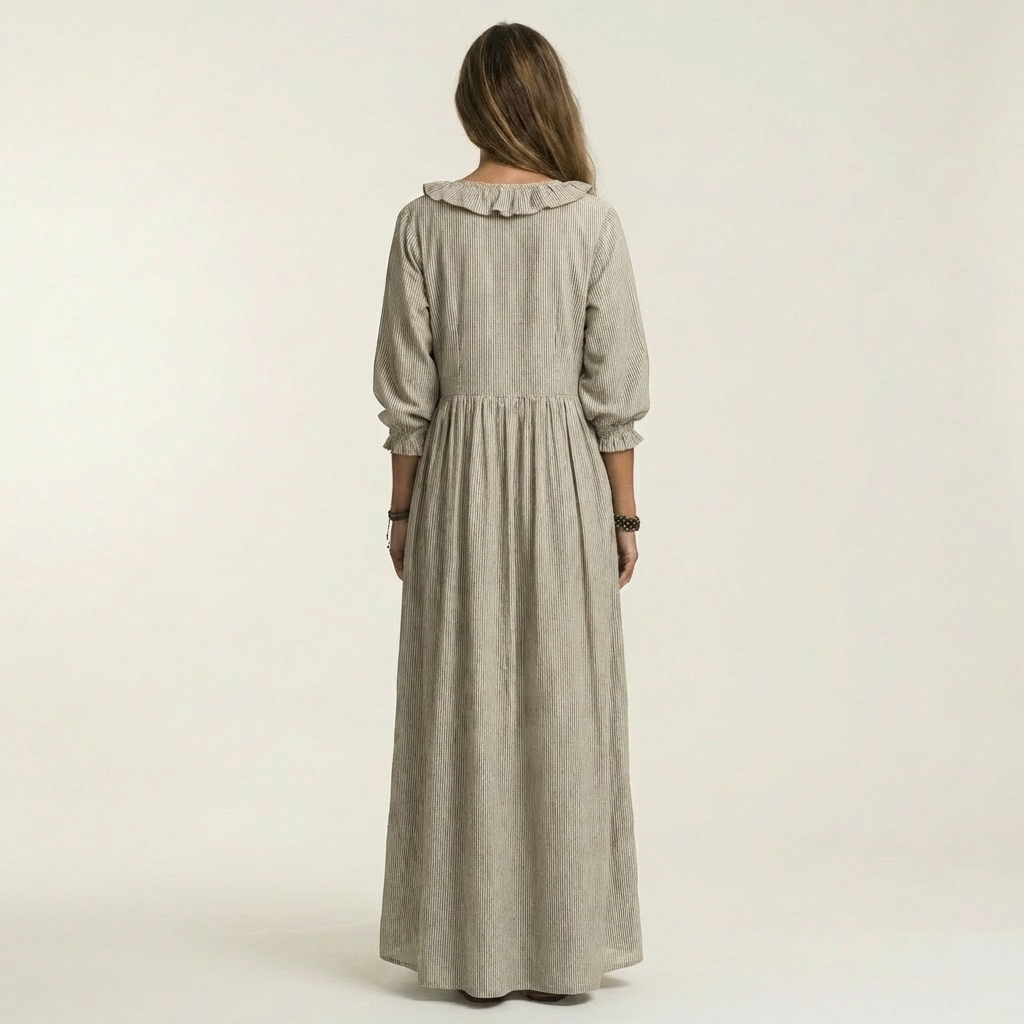 Yosetta | Ruffle V-Neck Striped Lantern-Sleeve Maxi Dress | The Bellemont Sisters Australia