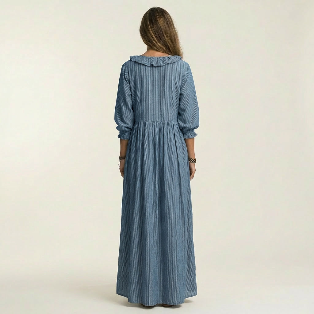 Yosetta | Ruffle V-Neck Striped Lantern-Sleeve Maxi Dress | The Bellemont Sisters Australia
