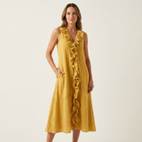 Vicky | Ruffle-Front V-Neck Sleeveless Linen Maxi Dress – Yellow | The Bellemont Sisters Australia