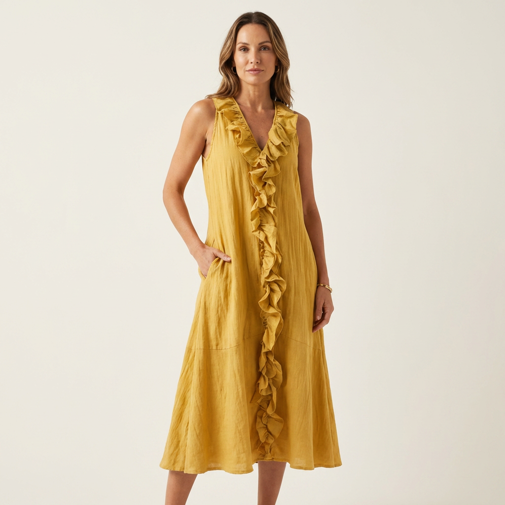 Vicky | Ruffle-Front V-Neck Sleeveless Linen Maxi Dress – Yellow | The Bellemont Sisters Australia
