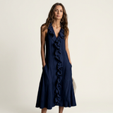 Vicky | Ruffle-Front V-Neck Sleeveless Linen Maxi Dress – Navy Blue | The Bellemont Sisters Australia