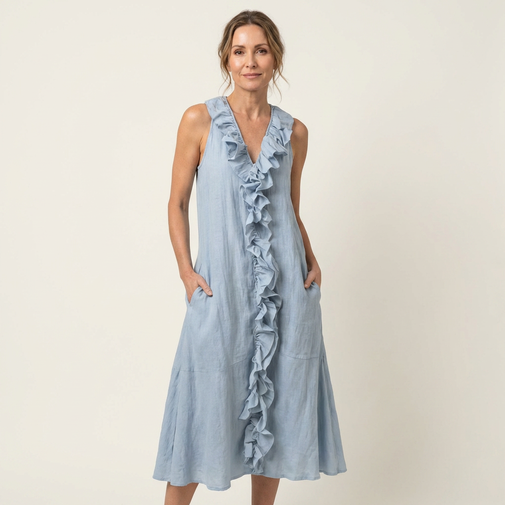 Vicky | Ruffle-Front V-Neck Sleeveless Linen Maxi Dress – Light Blue | The Bellemont Sisters Australia