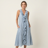Vicky | Ruffle-Front V-Neck Sleeveless Linen Maxi Dress – Light Blue | The Bellemont Sisters Australia