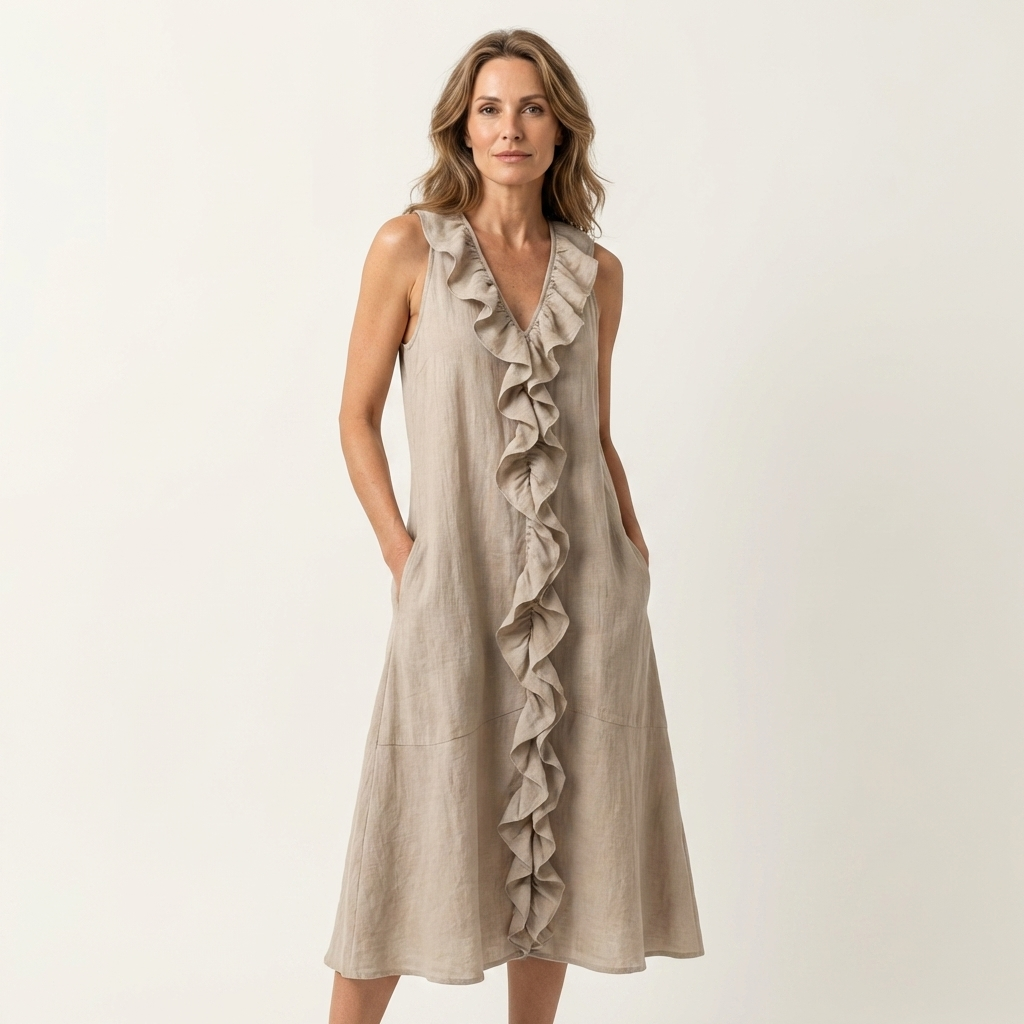 Vicky | Ruffle-Front V-Neck Sleeveless Linen Maxi Dress – Khaki | The Bellemont Sisters Australia