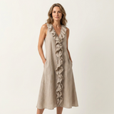 Vicky | Ruffle-Front V-Neck Sleeveless Linen Maxi Dress – Khaki | The Bellemont Sisters Australia