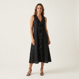 Vicky | Ruffle-Front V-Neck Sleeveless Linen Maxi Dress – Black | The Bellemont Sisters Australia