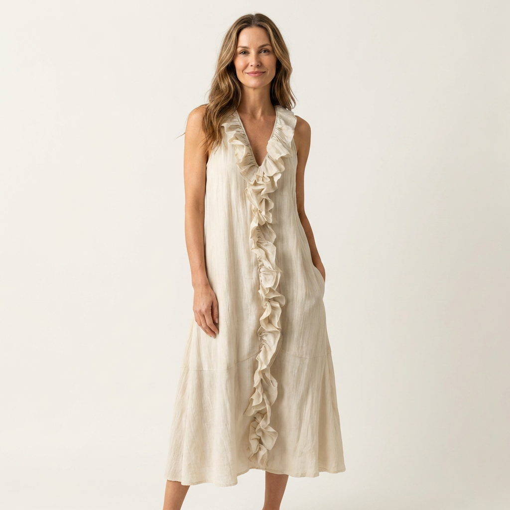 Vicky | Ruffle-Front V-Neck Sleeveless Linen Maxi Dress – Cream | The Bellemont Sisters Australia