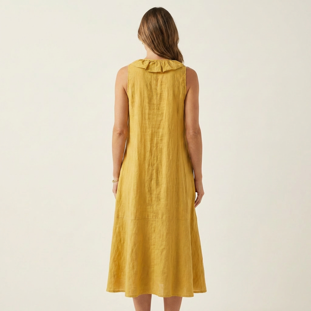 Vicky | Ruffle-Front V-Neck Sleeveless Linen Maxi Dress | The Bellemont Sisters Australia
