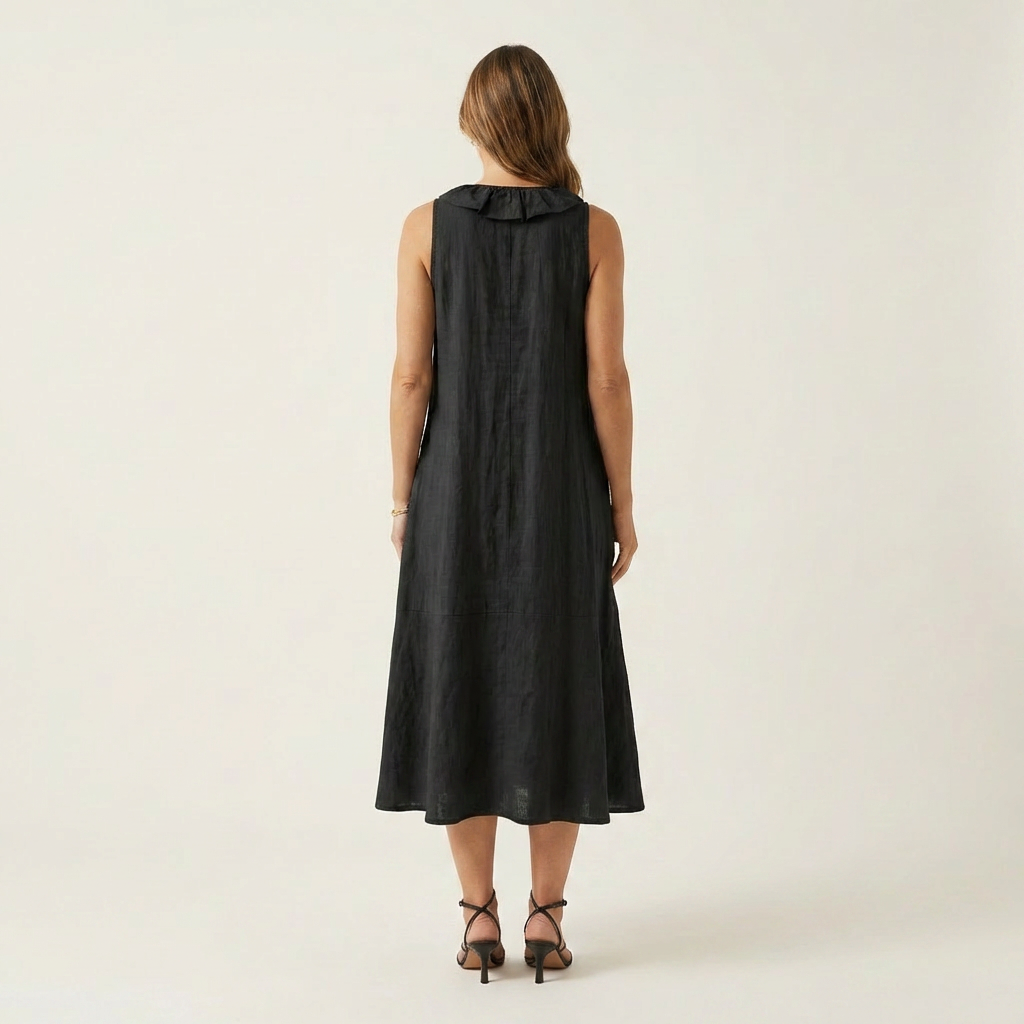 Vicky | Ruffle-Front V-Neck Sleeveless Linen Maxi Dress | The Bellemont Sisters Australia