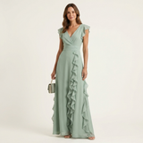Nellyana | Wrap-Style V-Neck Flutter-Sleeve Cascading Ruffle Maxi Dress – Green | The Bellemont Sisters Australia