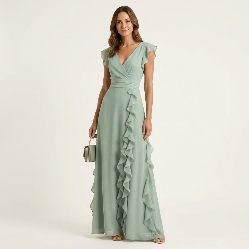 Nellyana | Wrap-Style V-Neck Flutter-Sleeve Cascading Ruffle Maxi Dress – Green | The Bellemont Sisters Australia