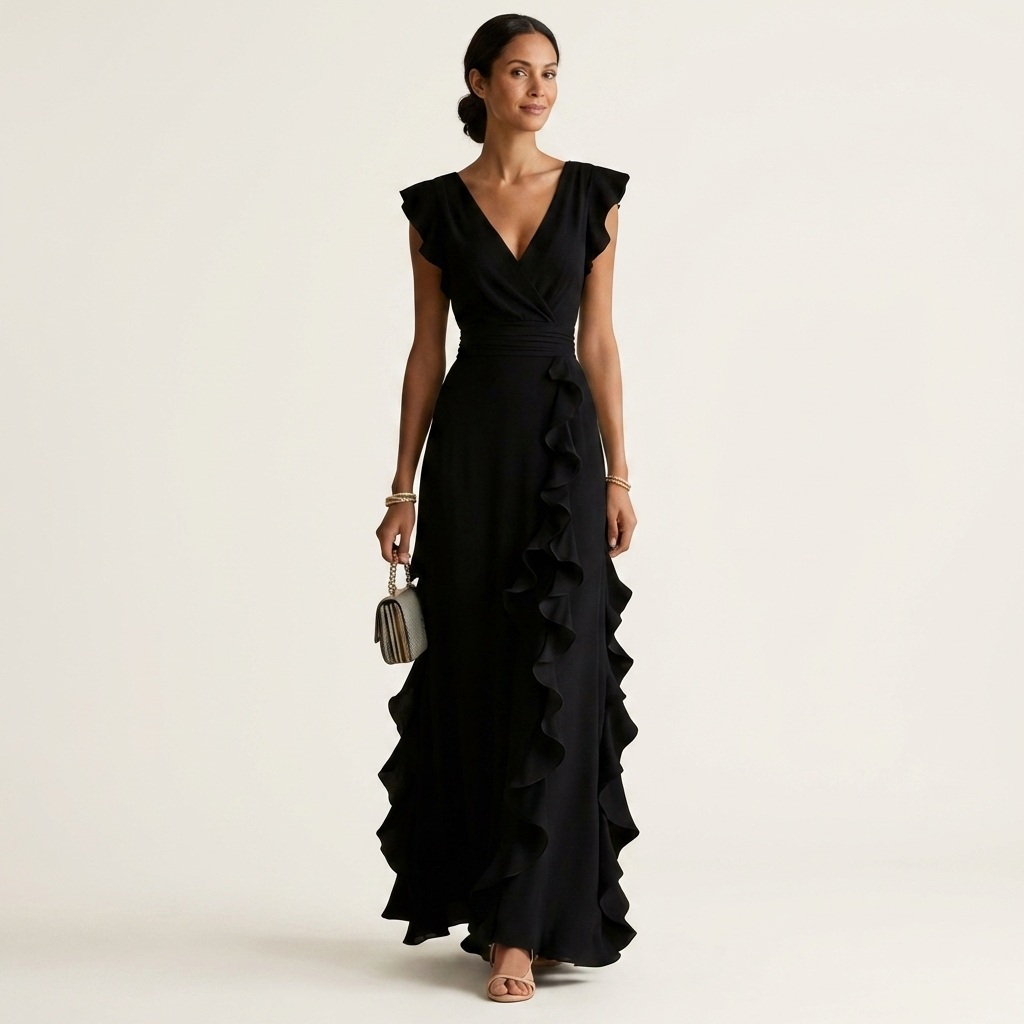 Nellyana | Wrap-Style V-Neck Flutter-Sleeve Cascading Ruffle Maxi Dress – Black | The Bellemont Sisters Australia