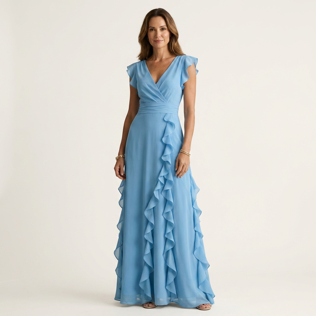 Nellyana | Wrap-Style V-Neck Flutter-Sleeve Cascading Ruffle Maxi Dress – Blue | The Bellemont Sisters Australia