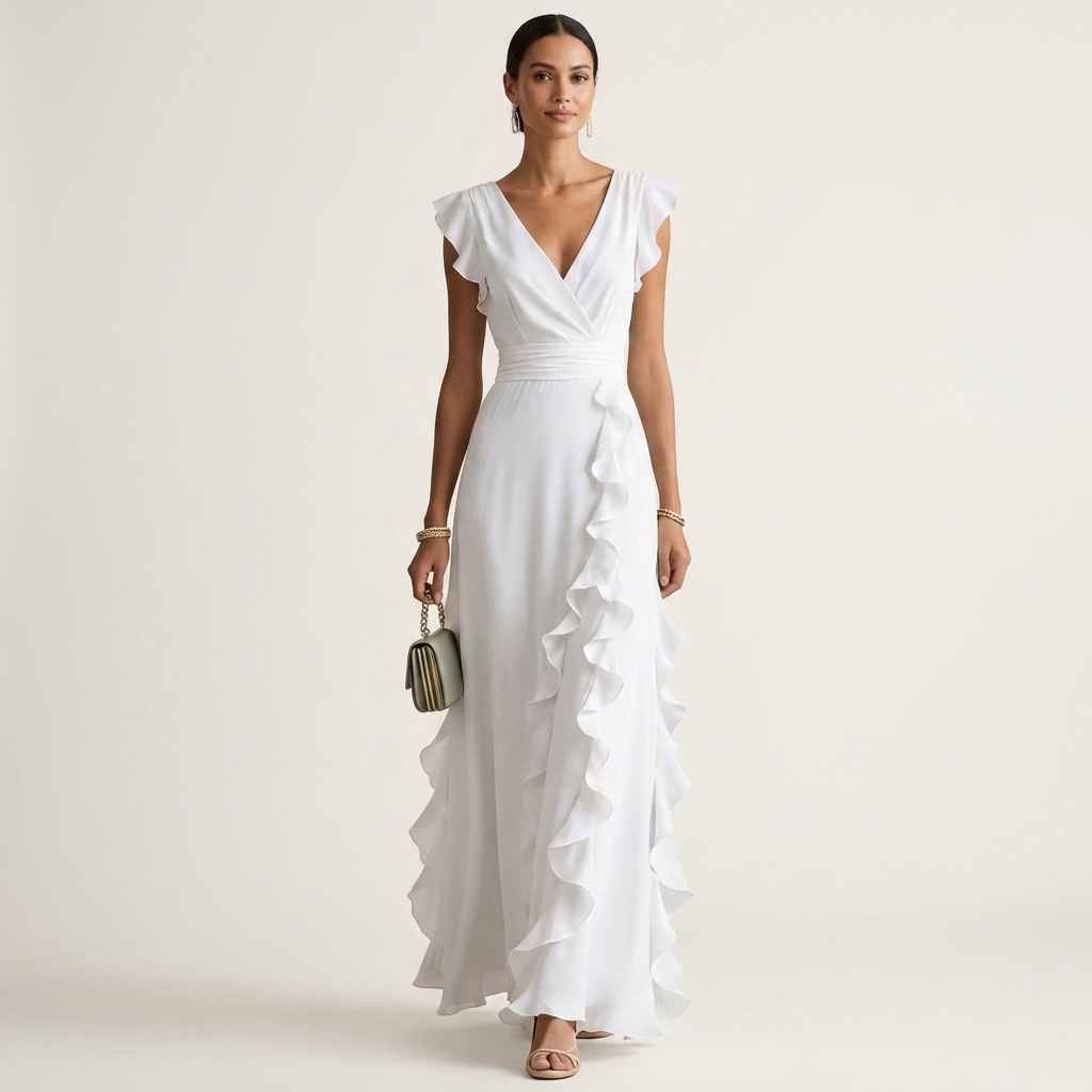 Nellyana | Wrap-Style V-Neck Flutter-Sleeve Cascading Ruffle Maxi Dress – White | The Bellemont Sisters Australia