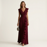 Nellyana | Wrap-Style V-Neck Flutter-Sleeve Cascading Ruffle Maxi Dress – Red | The Bellemont Sisters Australia