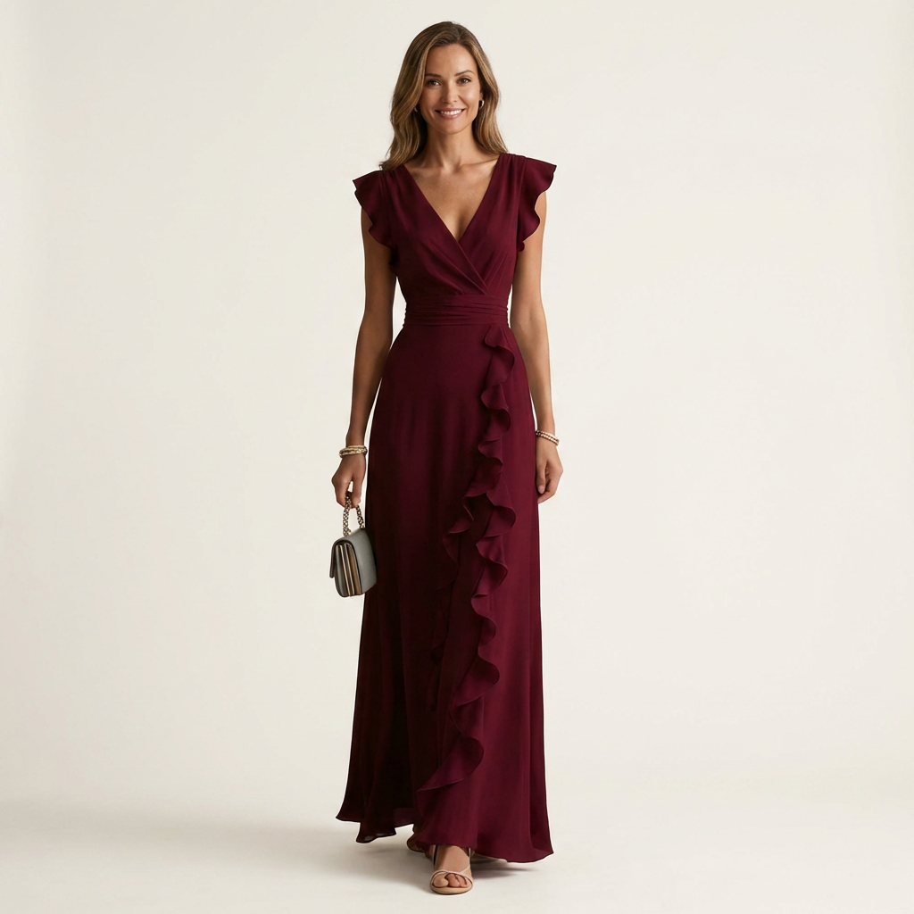 Nellyana | Wrap-Style V-Neck Flutter-Sleeve Cascading Ruffle Maxi Dress – Red | The Bellemont Sisters Australia