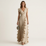 Nellyana | Wrap-Style V-Neck Flutter-Sleeve Cascading Ruffle Maxi Dress – Beige | The Bellemont Sisters Australia
