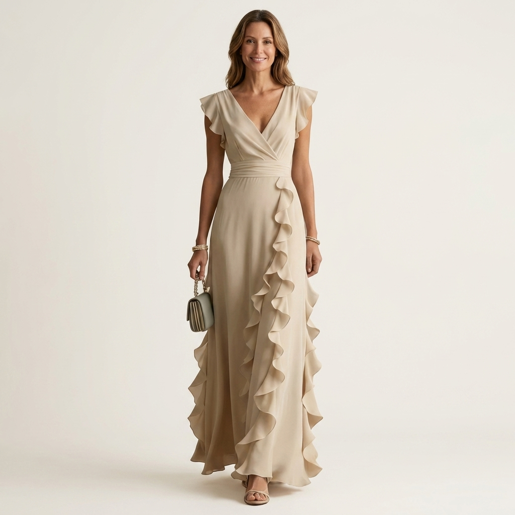 Nellyana | Wrap-Style V-Neck Flutter-Sleeve Cascading Ruffle Maxi Dress – Beige | The Bellemont Sisters Australia
