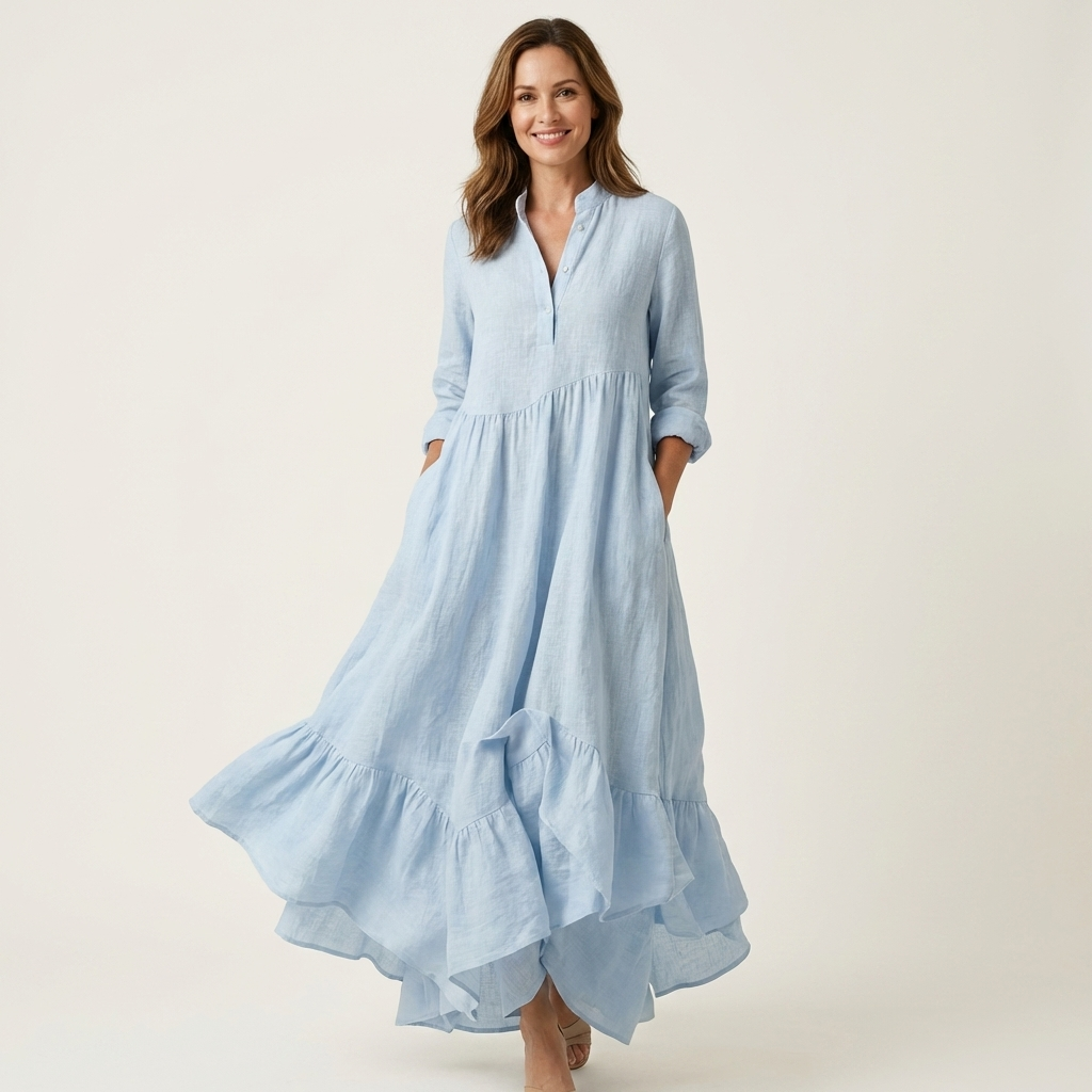 Jilana | Stand-Collar Button-Front Ruffle Hem Maxi Dress – Light Blue | The Bellemont Sisters Australia
