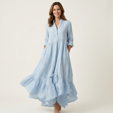Jilana | Stand-Collar Button-Front Ruffle Hem Maxi Dress – Light Blue | The Bellemont Sisters Australia