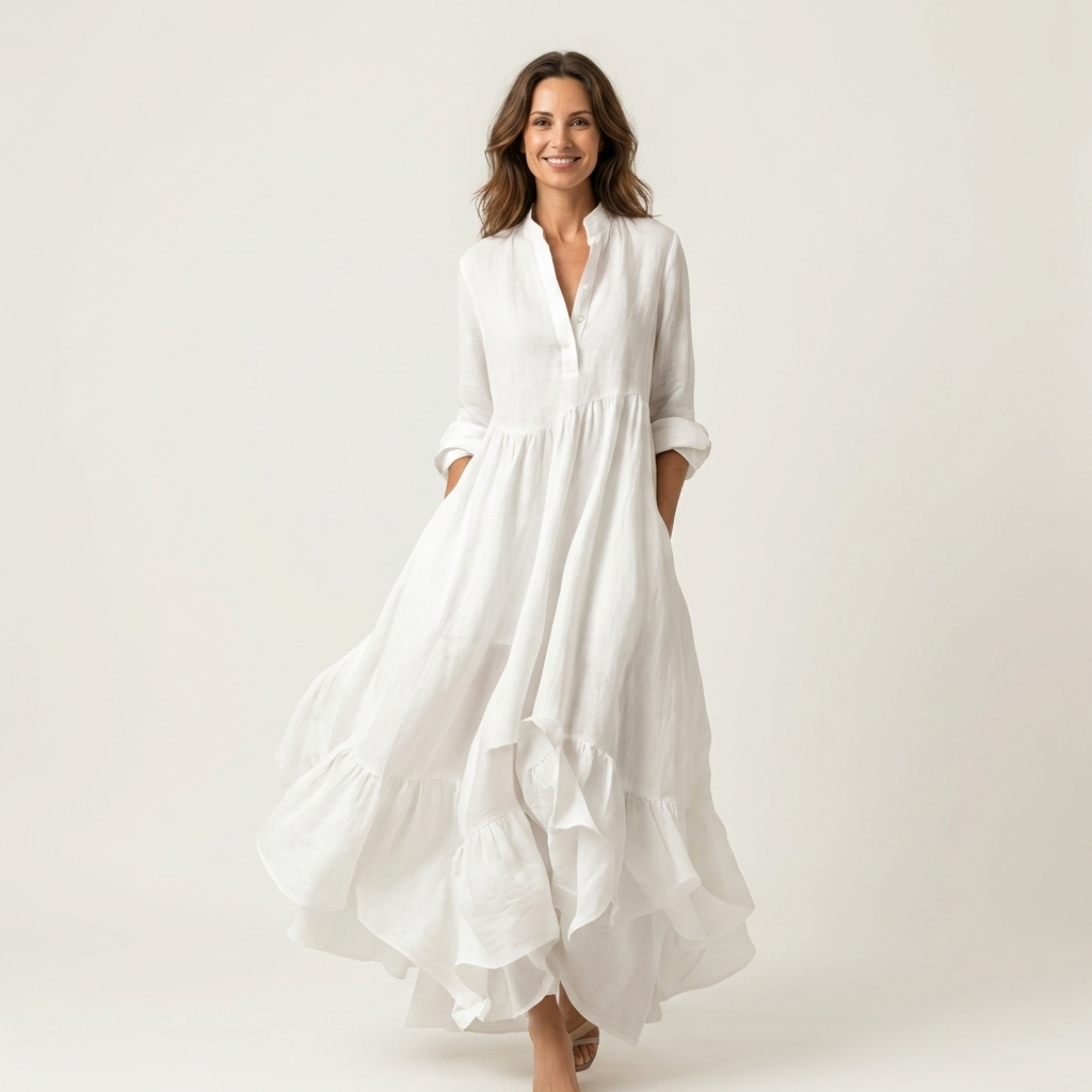 Jilana | Stand-Collar Button-Front Ruffle Hem Maxi Dress – White | The Bellemont Sisters Australia