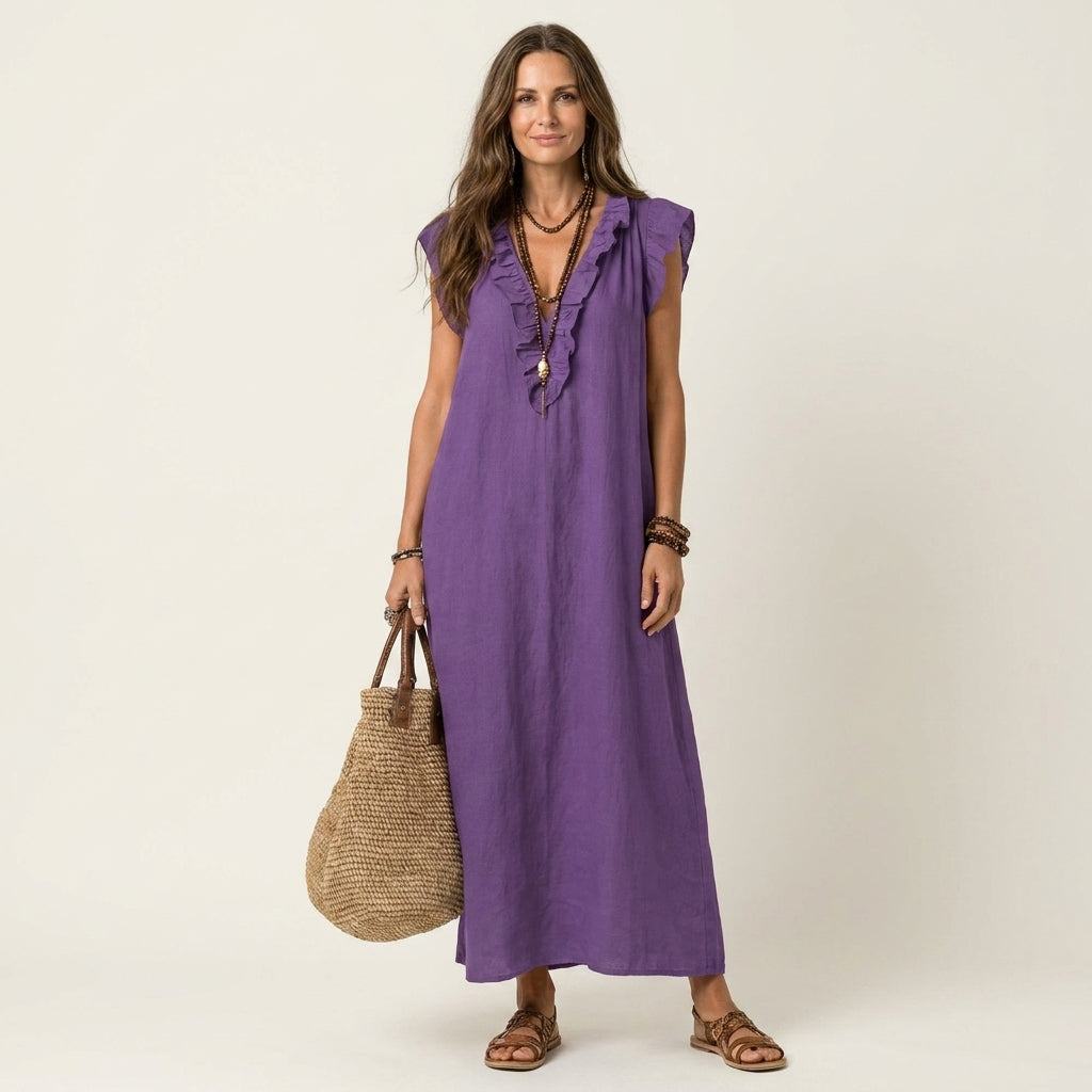 Josette | Ruffle V-Neck Linen Maxi Dress – Purple | The Bellemont Sisters Australia