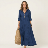 Mariam | Cotton-Linen Maxi Dress with Tonal Floral Embroidery – Navy Blue | The Bellemont Sisters Australia