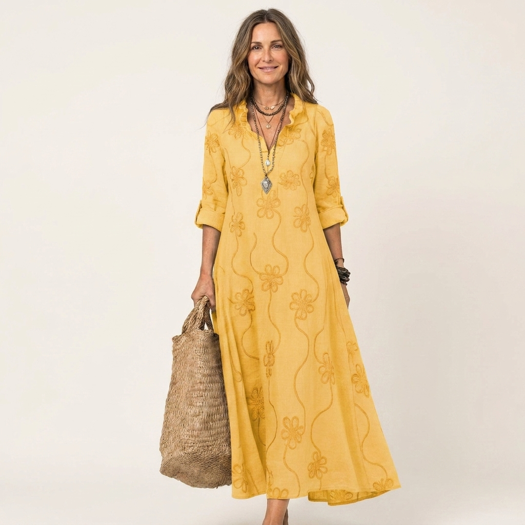 Mariam | Cotton-Linen Maxi Dress with Tonal Floral Embroidery – Yellow | The Bellemont Sisters Australia