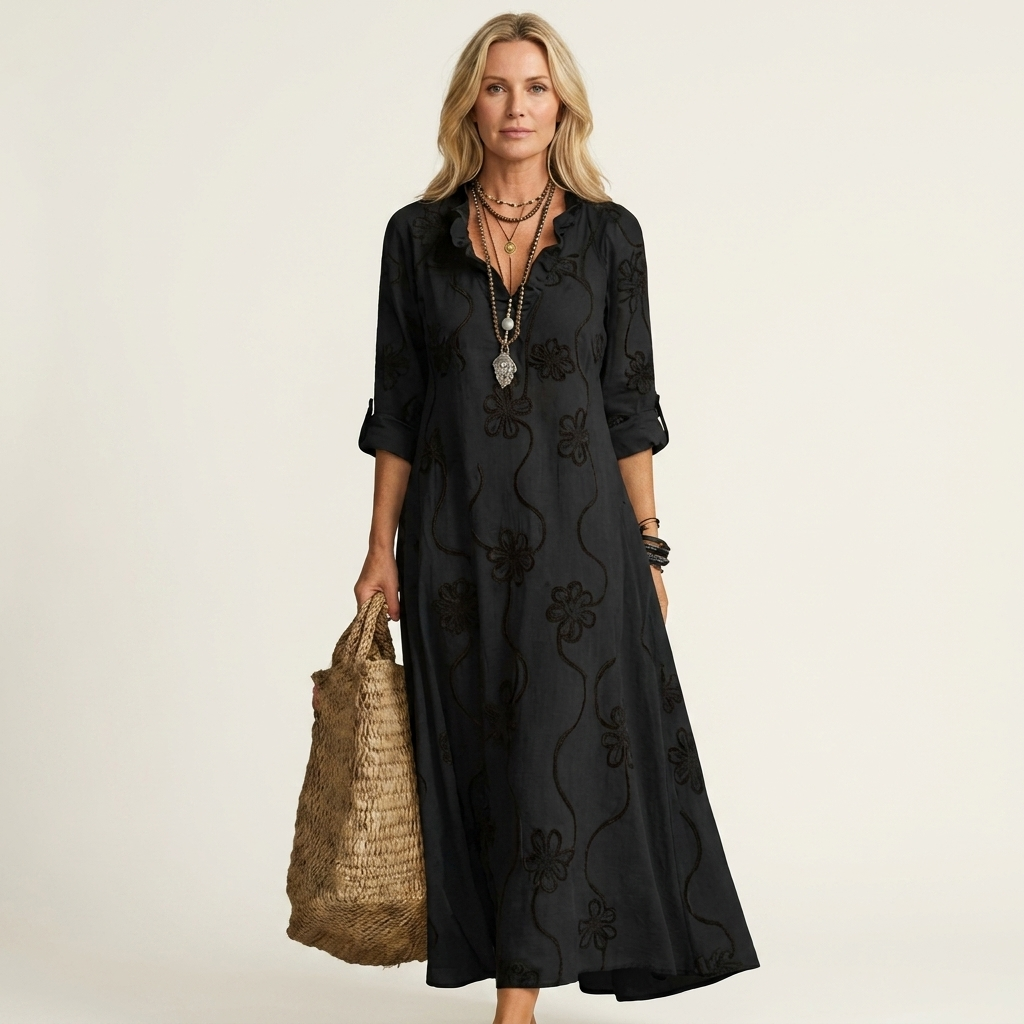 Mariam | Cotton-Linen Maxi Dress with Tonal Floral Embroidery – Black | The Bellemont Sisters Australia